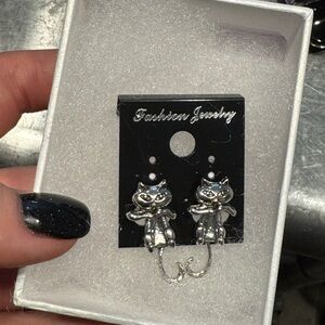 Sterling Silver Dangle Cat Earrings Moving